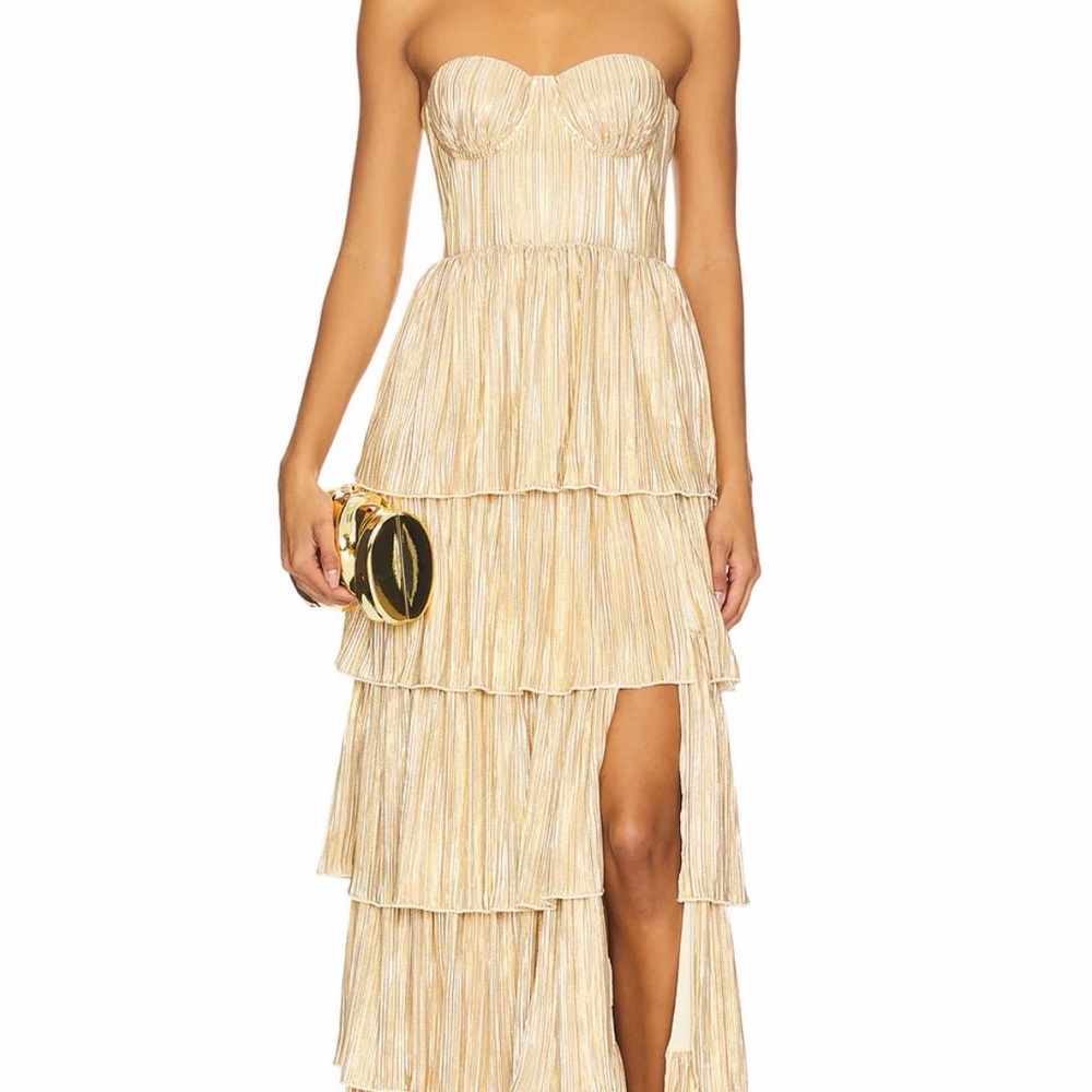 REVOLVE Strapless Gold Tiered Dress